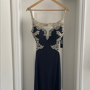 Jump Apparel Navy and Gold Lace Evening dress